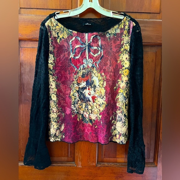 Vintage Tops - Y2K Edice Black Lace Top Baroque Romantic Gothic Fairy Grunge Sheer Lace Size L